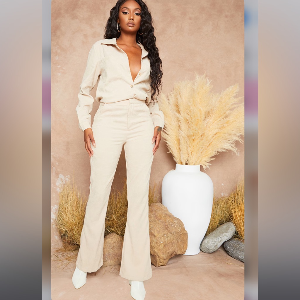 Camel Cord High Waisted Wide Leg Pants And Oversized Shirt